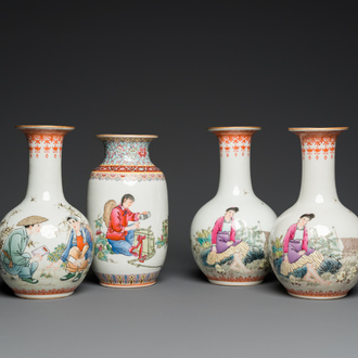 Four Chinese Cultural Revolution vases depicting farmers and children, Zhong Guo Jing De Zhen Zhi 中國景德鎮製 mark, 20th C.