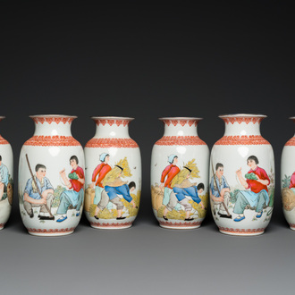 Trois paires de vases en porcelaine de Chine à décor de la Révolution Culturelle, marque de Zhong Guo Jing De Zhen Zhi 中國景德鎮製