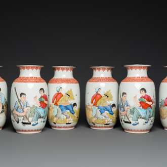 Three pairs of Chinese Cultural Revolution vases, Zhong Guo Jing De Zhen Zhi mark 中國景德鎮製