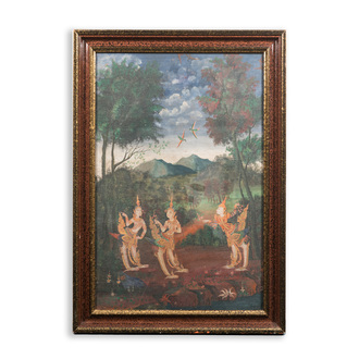 Thai school: Mythical Kinnaree in the legendary Himmaphan forest, oil on canvas, 19th C.