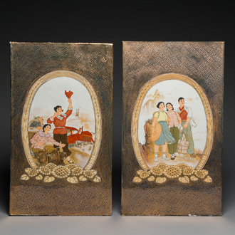 Two Chinese plaques with Cultural Revolution design on a partly gilt ground