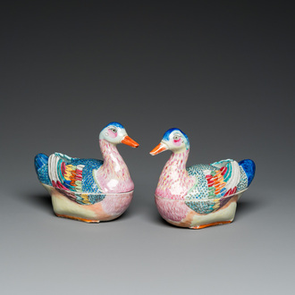 A pair of Chinese famille rose duck-shaped tureens and covers, Qianlong