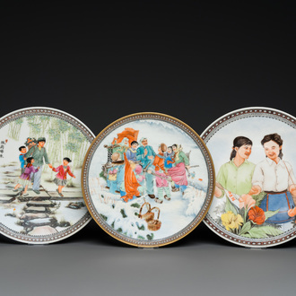 Three Chinese Cultural Revolution dishes, two signed Zhang Jian 章鑒 and Wu Kang 吳康, dated 1963 and 1968