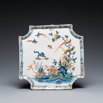 A polychrome Dutch Delft Kakiemon-style plaque with a tiger in a Japanese garden, 18th C.