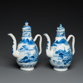 A pair of Chinese blue and white 'landscape' ewers and covers, possibly for the Vietnamese market, 19th C.