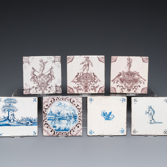 Seven Duch Delft blue and white and manganese tiles, 17/18th C.