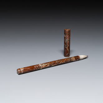 A Chinese mother-of-pearl-inlaid brown lacquer brush, Ming