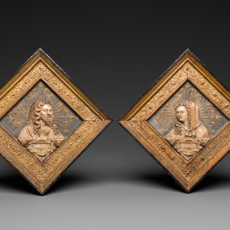 A pair of rare rhombus-shaped Malines alabaster portrait carvings, signed Tobias Tissenaken, end of the 16th C.