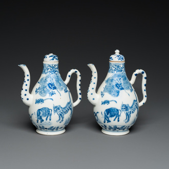 A pair of Chinese blue and white 'Twelve zodiac animals' ewers and covers, possibly for the Vietnamese market, 19th C.