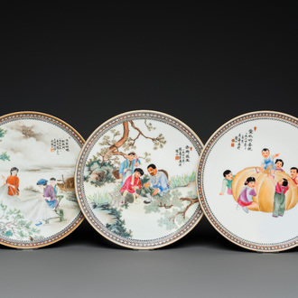 Three Chinese Cultural Revolution dishes, signed Wang Xiaofan 王曉帆, Wu kang 吳康 and Chen Yifang 陳義芳, dated 1957, 1964 and 1966