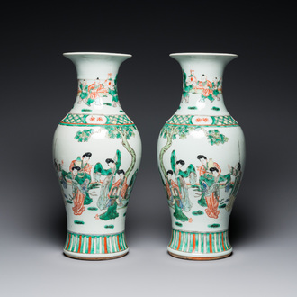 A pair of Chinese famille verte vases with ladies and playing boys, 19th C.