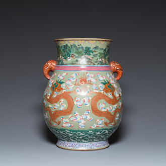 A large Chinese celadon-ground famille rose 'hu' vase with dragons, 19th C.