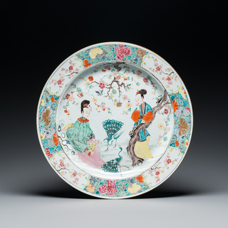 A large Chinese famille rose 'ladies and peacocks' dish, Yongzheng