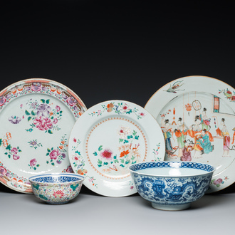 Three Chinese famille rose dishes and two bowls, Qianlong and later