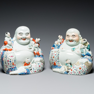 A pair of Chinese famille rose Buddha figures, Zhu Mao Ji Zao 朱茂記造 mark, Republic