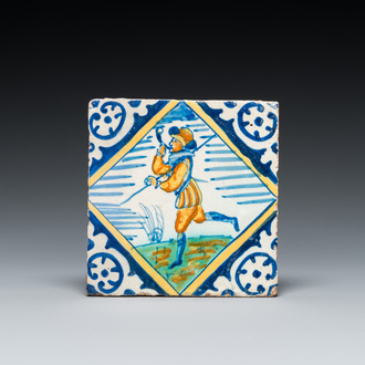 A polychrome maiolica tile with a hunter with horn, probably Middelburg, late 16th C.