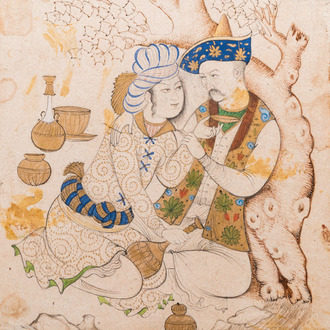 Persian school, miniature: 'Loving couple leaning against a tree'