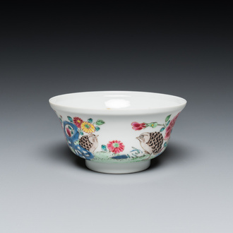 A Chinese famille rose semi-eggshell bowl with two quails, Yongzheng