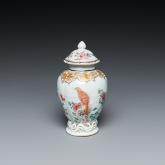 A Chinese famille rose tea caddy with a bird on a rock, Yongzheng