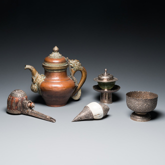 Five Tibetan ritual objects in copper, silver, jade and wood, 19/20th C.