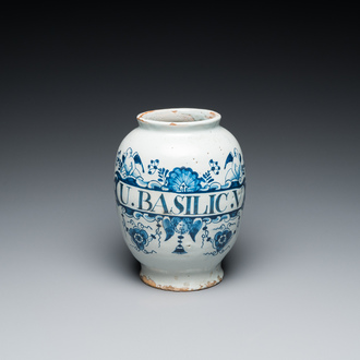 A blue and white English Delftware drug jar, probably London, 18th C.