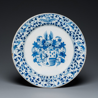 A fine blue and white armorial dish, Verstraeten workshop, Haarlem, ca. 1650-1660