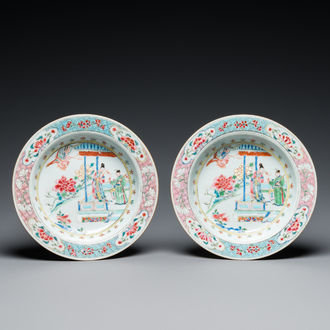 A pair of Chinese famille rose 'Xi Xiang Ji' plates, Yongzheng