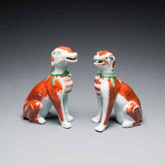 A pair of Chinese polychrome export porcelain models of dogs, Qianlong