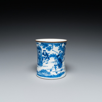 Pot à pinceaux en porcelaine de Chine en bleu et blanc, marque de Kangxi, 19ème