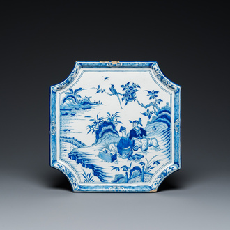 A blue and white Dutch Delft chinoiserie plaque with a tea drinking scene, 18th C.