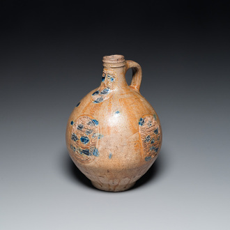 A large stoneware bellarmine jug with cobalt blue splashes, Cologne or Raeren, ca. 1600