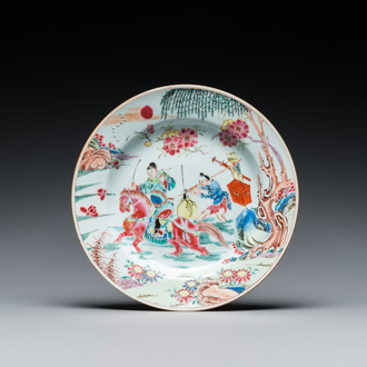 A Chinese famille rose 'Xi Xiang Ji' plate depicting Zhang Junrui leaving for the capital, Yongzheng