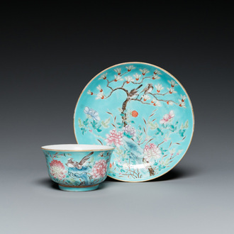 A Chinese turquoise-ground famille rose bowl and matching plate, Guangxu mark and of the period