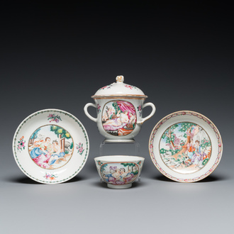 Vier stukken Chinees famille rose exportporselein met mythologische en romantische decors, Qianlong