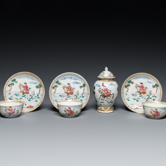 Three Chinese famille rose 'horserider' cups and saucers with the matching tea caddy, Yongzheng/Qianlong