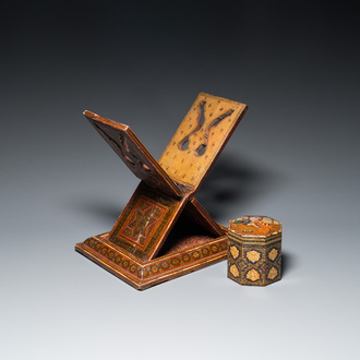 A painted and lacquered wooden Qur'an stand and a box and cover, Qajar, Persia, 19th C.