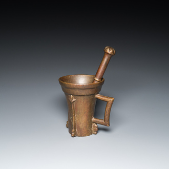 A large German bronze mortar and pestle, Nuremberg, 15th C.