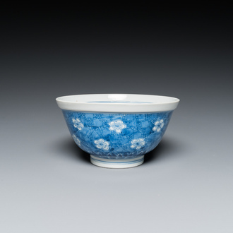 A Chinese blue and white 'prunus on cracked ice' bowl, Chenghua mark, Kangxi