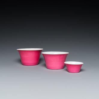Three Chinese monochrome pink bowls, Guangxu mark and of the period
