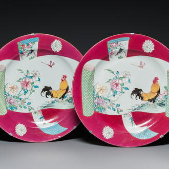 A pair of large Chinese famille rose ruby-ground 'rooster' dishes, Yongzheng