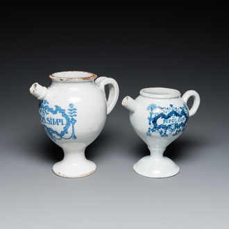 Two blue and white Brussels faience wet drug jars, late 17th and 19th C.