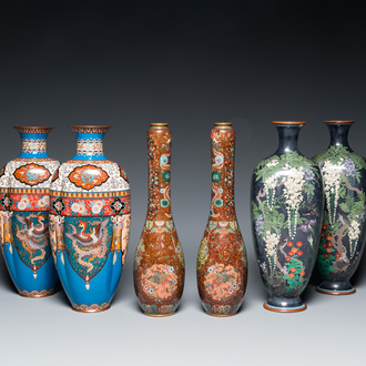 Three pairs of Japanese cloisonné vases, Meiji, 19/20th C.