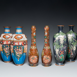 Trois paires de vases en émaux cloisonnés, Japon, Meiji, 19/20ème