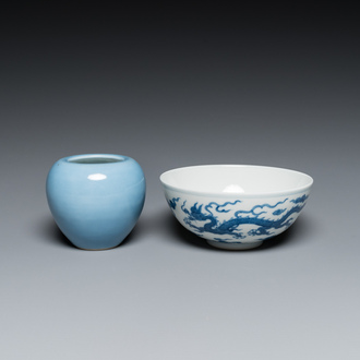 A Chinese blue and white 'dragon' bowl and a lavender-blue-glazed brushwasher, Qianlong mark, 19/20th C.