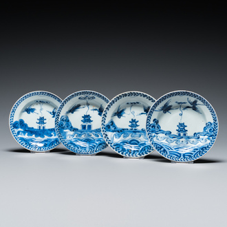 Vier Chinese blauw-witte schotels met vogels bij een pagode, ex-coll. Augustus de Sterke, Kangxi