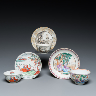Three Chinese export porcelain cups and saucers, Qianlong