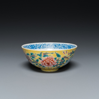 A Chinese famille rose yellow-ground bowl with floral design, Yongzheng mark but probably later