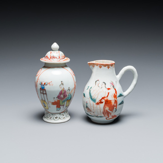 A Chinese famille rose 'mandarin subject' tea caddy and a jug with the 'Judgement of Paris', Qianlong