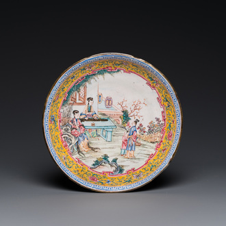 A Chinese Canton enamel 'san niang jiao zi' plate, Shang Xin 賞心 mark, Qianlong