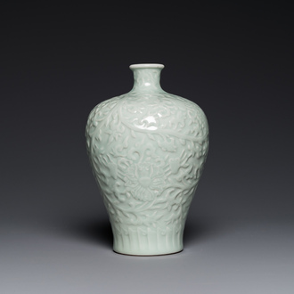 A Chinese celadon-glazed 'lotus scroll' 'meiping' vase, Kangxi mark, 19/20th C.